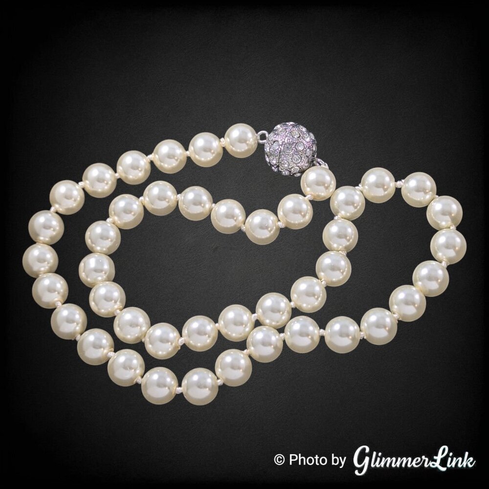 White Faux Pearl Knotted Necklace Pavé Rhinestone Ball Clasp 8.4mm